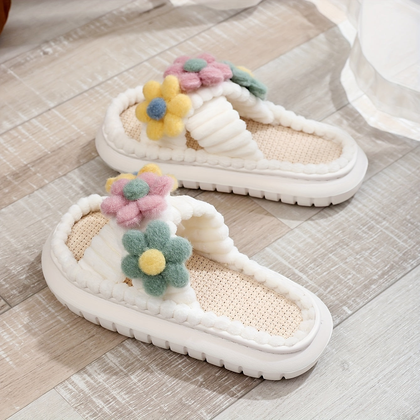 Vibrant Floral Print Slip-On Slippers - Soft Fabric Upper, Crisscross Band, Open Toe, EVA Sole, Comfy Linen Platform, Cozy Home Shoes for Relaxation